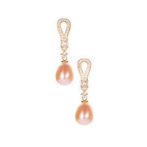  Naturally Papaya Cultured Pearl & White Topaz Gold Tone Sterling Silver Earrings (9mm x 8mm)