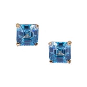 3.55ct Asscher Cut Ratanakiri Blue Zircon 9K Gold Earrings