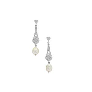South Sea Cultured Pearl & White Zircon Sterling Silver Earrings (9mm x 8mm)