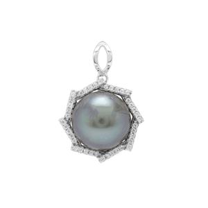 Tahitian Cultured Pearl Pendant with White Zircon in Sterling Silver (11mm)