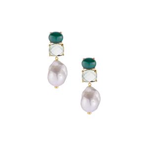 'The Rita' Malachite, Green Fluorite & Baroque Cultured Pearl Gold Tone Sterling Silver Earrings