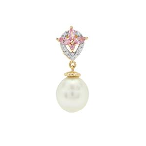 South Sea Cultured Pearl, Pink Sapphire & White Zircon 9K Gold Pendant (10mm)