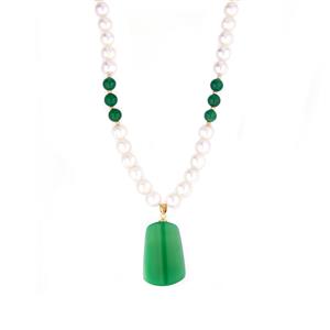Kaori Freshwater Cultured Pearl & Green Agate Gold Tone Sterling Silver Necklace 