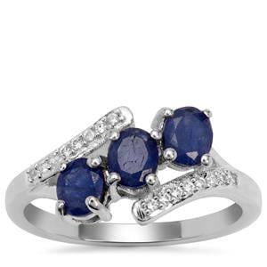 Burmese Blue Sapphire Ring with White Zircon in Sterling Silver 1.50cts