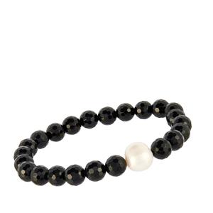 Black Agate & Freshwater Cultured Pearl (11 x 10mm) Stretchable Bracelet 