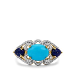 Sleeping Beauty Turquoise, Sar-i-Sang Lapis Lazuli & White Zircon 9K Gold Ring ATGW 2.65cts