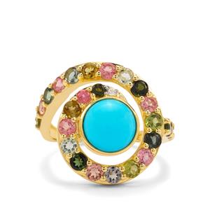 Sleeping Beauty Turquoise, Multi-Colour Tourmaline & White Zircon 9K Gold Tomas Rae Ring ATGW 3.70cts