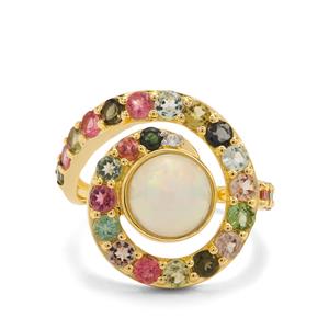 Ethiopian Opal, Multi-Colour Tourmaline & White Zircon 9K Gold Ring ATGW 3.25cts