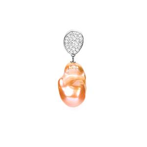 Naturally Papaya Fireball Cultured Pearl and White Topaz Rhodium Plated Sterling Silver Pendant  (20mm x 15mm)