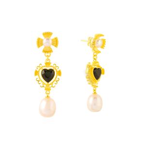 Freshwater Cultured Pearl & Black Spinel Gold Tone Sterling Silver Earrings 