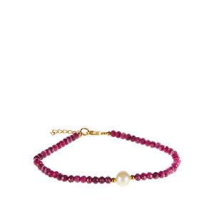 Natural African Ruby & Freshwater Cultured Pearl Gold Tone Sterling Silver Bracelet (8 x 7 mm)