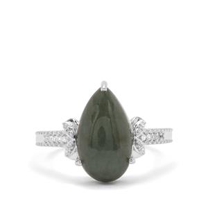 Type A Burmese Jade & White Zircon Sterling Silver Ring ATGW 4.37cts