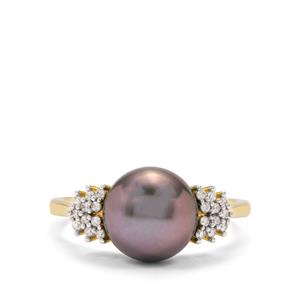 Tahitian Cultured Pearl & White Zircon 9K Gold Ring (10 MM)