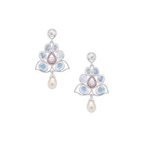 Rainbow Moonstone, Burmese Ruby & Kaori Cultured Pearl Sterling Silver Earrings
