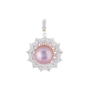 Lavender Naturally Cultured Pearl & White Topaz Sterling Silver Pendant (9mm)
