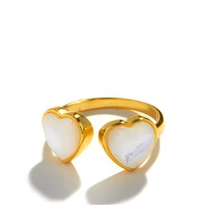 Gold Plated 925 Sterling Silver Mother Of Pearl Heart Adjustable Ring 3cts