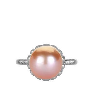 Naturally Papaya Cultured Pearl & White Topaz Sterling Silver Ring (10mm)