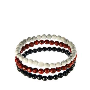 156cts Red Jasper, White Howlite & Black Agate Set of Stretchable Bracelets