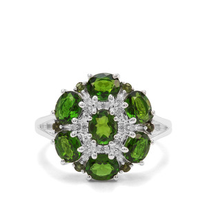 Chrome Diopside, Green Tourmaline & White Zircon Sterling Silver Ring ATGW 2.92cts