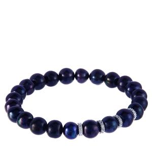 Tyrian Purple Freshwater Cultured Pearl & White Zircon Sterling Silver Stretchable Bracelet (8mm)