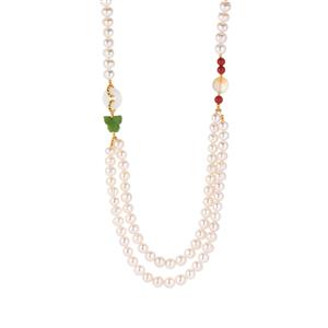 Kaori Freshwater Cultured Pearl & Mutton Fat, Green Jade And Nanhong Agate Gold Tone Sterling Silver Necklace
