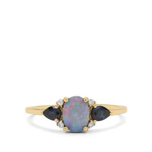 Crystal Opal on Ironstone, Australian Blue Sapphire & White Zircon 9K Gold Ring 