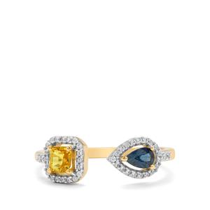 Asscher Cut Songea Yellow, Australian Blue Sapphire & White Zircon 9K Gold Ring ATGW 0.85ct