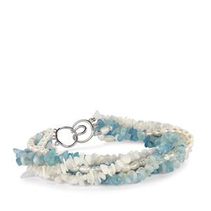 Freshwater Cultured Pearl, Moonstone & Aquamarine Sterling Silver Bracelet 