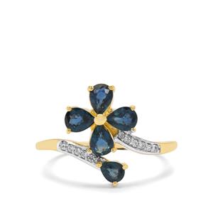 Natural Royal Blue Sapphire & White Zircon 9K Gold Ring ATGW 1.40cts