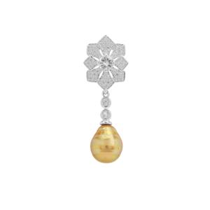 Golden South Sea Cultured Pearl & White Zircon Sterling Silver Pendant (11mm x 8mm)