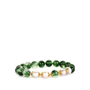 Green Quartz & Kaori Cultured Pearl (8mm) Gold Tone Sterling Silver Stretchable Bracelet