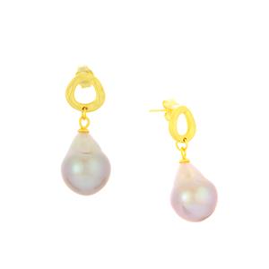 Orchid Fireball Baroque Freshwater Cultured Pearl Gold Tone Sterling Silver Earrings (15X12 MM)
