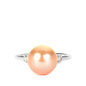 Naturally Papaya Cultured Pearl & White Topaz Sterling Silver Ring (10mm)