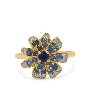 Blue Lotus Thai Sapphire & White Zircon 9K Gold Flower Ring ATGW 1.10cts