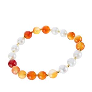 Freshwater Cultured Pearl &  Agate Stretchable Bracelet in Gold Tone Sterling Silver 