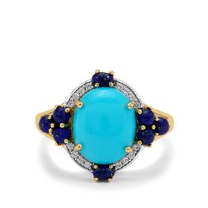 Sleeping Beauty Turquoise, Sar-i-Sang Lapis Lazuli & White Zircon 9K Gold Ring ATGW 3.50cts