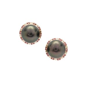 Tahitian Cultured Pearl Earrings with Pink Tourmaline in 9K Gold (10mm)