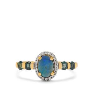 Crystal Opal on Ironstone, Australian Blue Sapphire & White Zircon 9K Gold Ring 