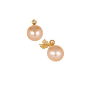 Peach Freshwater Cultured Pearl & White Zircon Gold Tone Sterling Silver Earrings (9.50mm x 9.50mm)