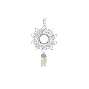 Rainbow Moonstone, Burmese Ruby & Kaori Cultured Pearl Sterling Silver Pendant