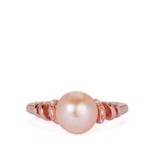 Naturally Papaya Cultured Pearl (8mm) & White Topaz Rose Gold Tone Sterling Silver Ring