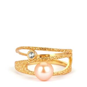 Naturally Papaya Cultured Pearl & White Topaz Gold Tone Sterling Silver Ring (6.50mm)