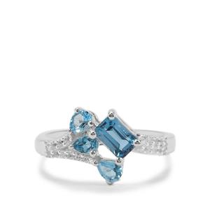 Swiss Blue Topaz & White Zircon Sterling Silver Ring ATGW 1.38cts