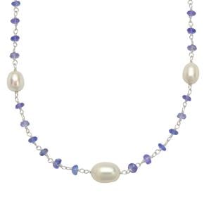 Freshwater Cultured Pearl & Tanzanite Sterling Silver Necklace (9 to 12 MM)