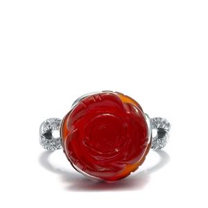 Flame Chalcedony & White Zircon Carved Flower Sterling Silver Ring ATGW 10.79cts