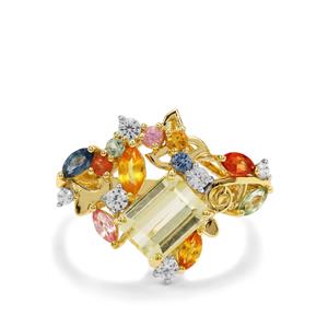 Canary Kunzite, Multi-Colour Sapphire & White Zircon 9K Gold Ring ATGW 3.40cts