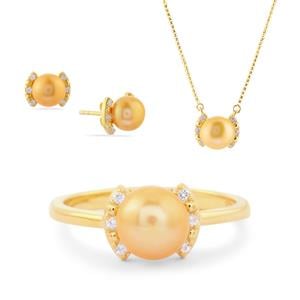 Golden Freshwater Cultured Pearl & White Topaz Gold Tone Sterling Silver Ring, Necklace & Earrings (7mm)