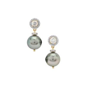 Tahitian Cultured Pearl & White Zircon 9K Gold Earrings 
