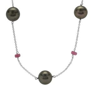 Tahitian Cultured Pearl & Burmese Ruby Sterling Silver Necklace (11mm)
