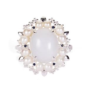 Type A Dove Blue Jadeite, Kaori Cultured Pearl, White Topaz and Blue Sapphire Sterling Silver Ring